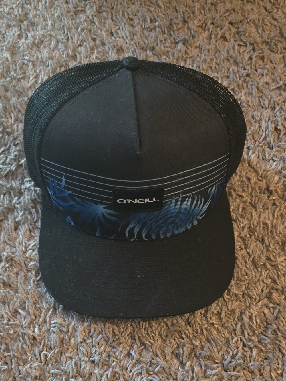 O'Neill Black Trucker Hat with Navy Palm Design